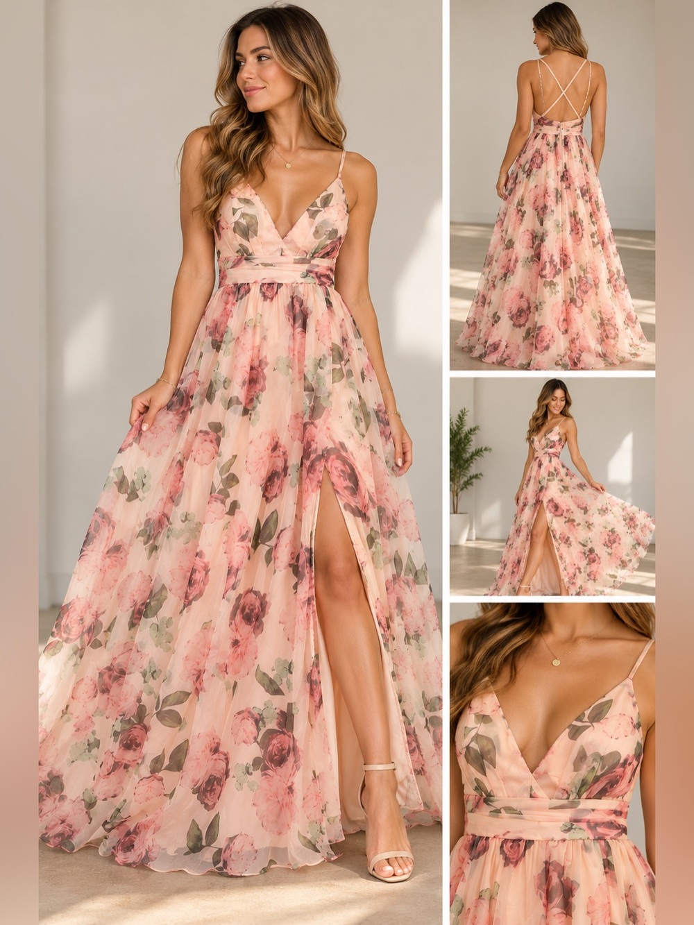 Lulus NWT Pink Floral Chiffon Maxi Dress Open Back Slit Formal Gown